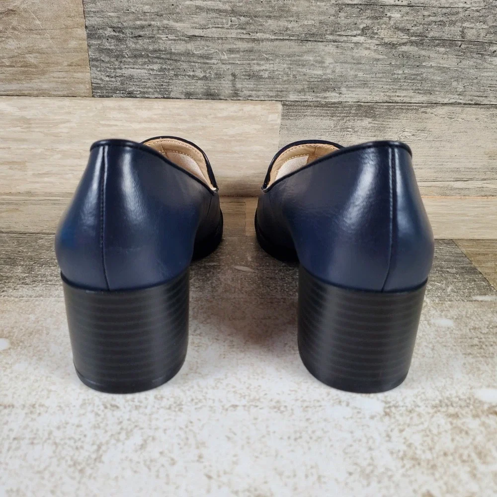 LifeStride Devyn Womens Loafers Sz 6.5 M Navy Faux Leather Slip On Block‎ Heel